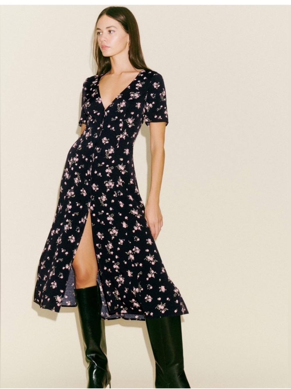 Reformation Locklin Floral Button Front Midi Dress Black Pink Size 8